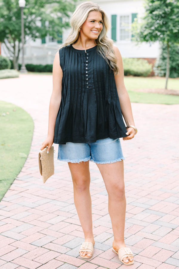 Plus Size black sleeveless top with vertical pleats, a button-down front, and a round neckline.