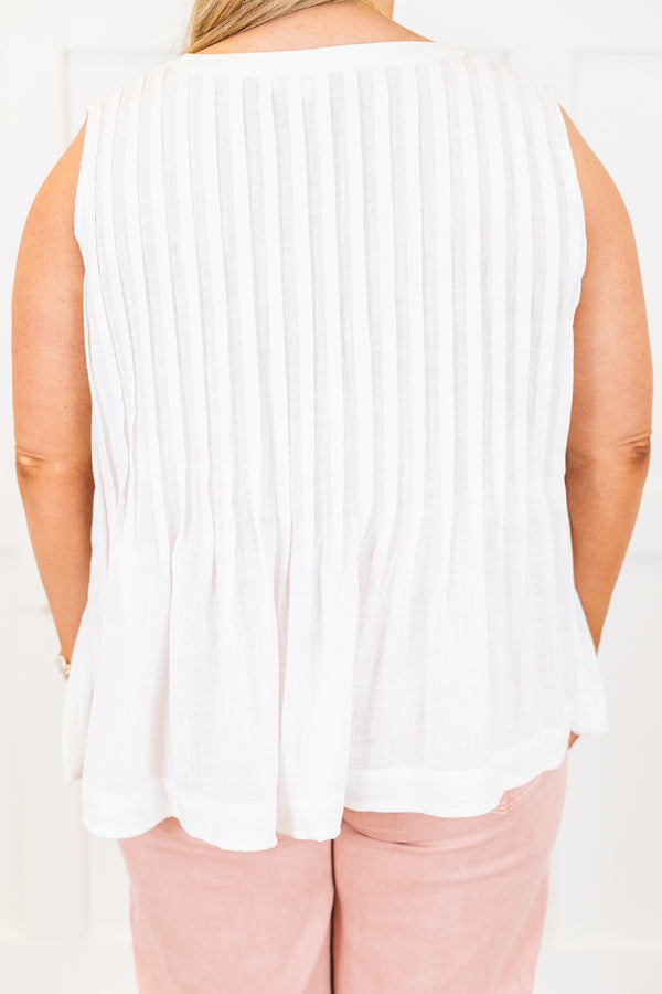 Chic Soul plus size clothing, white sleeveless tank top with button up detail and pleating detail with round neckline