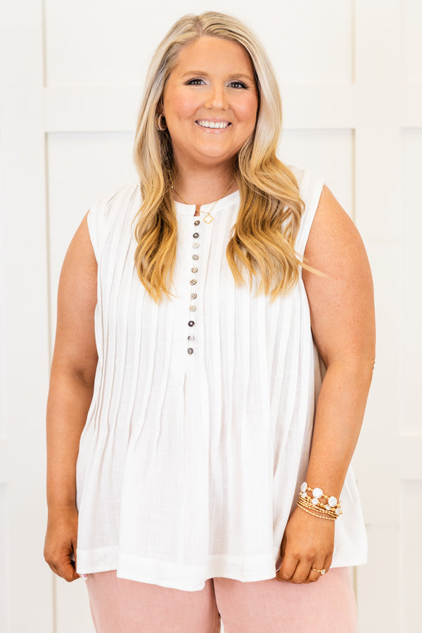 Chic Soul plus size clothing, white sleeveless tank top with button up detail and pleating detail with round neckline