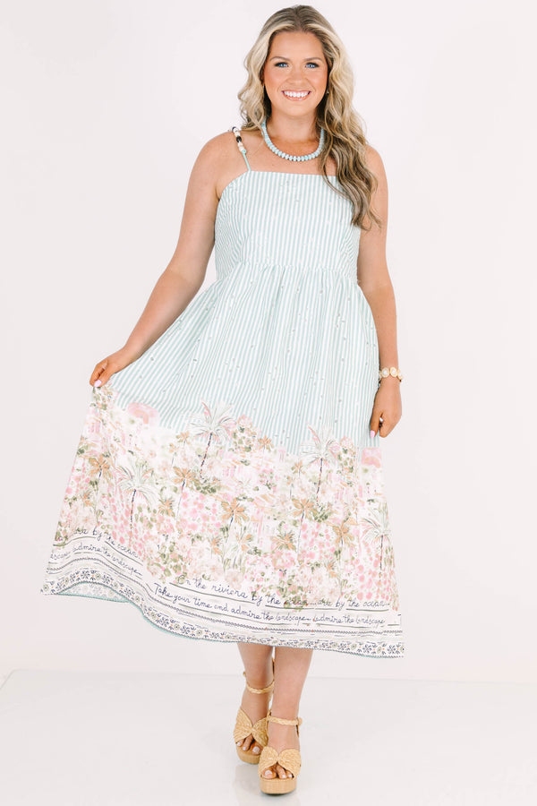Plus Size sea blue striped midi dress with a floral postcard print hem and beaded straps.