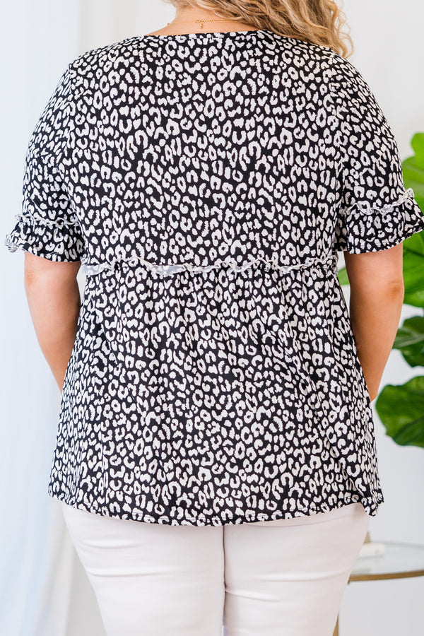 Chic Soul plus size clothing, black leopard short sleeve top with ruffle along sleeves