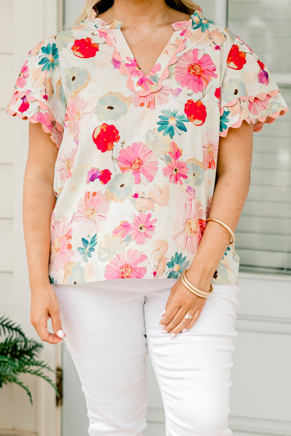 Chic Soul plus size clothing, ivory short sleeve top with multicolored pink and red floral pattern and pastel pink scalloped trim on sleeves and neckline