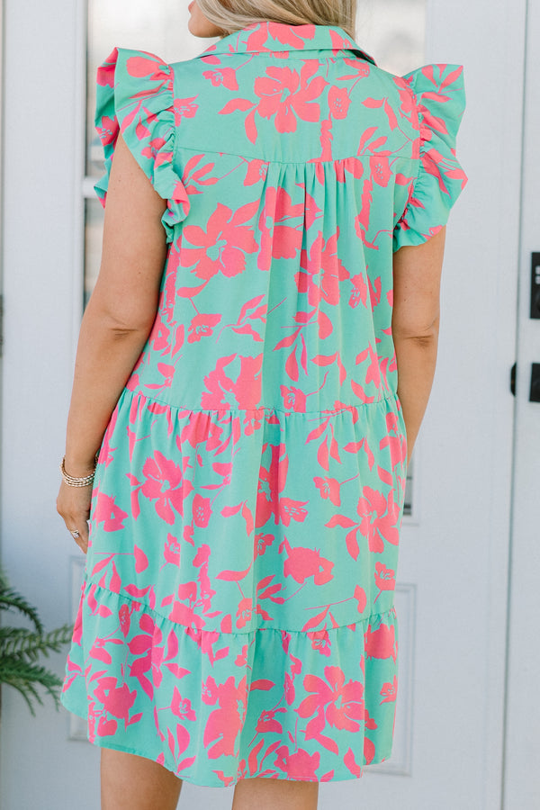Chic Soul Plus size clothing, short tiered dress with pink an teal floral details and flutter sleeves 