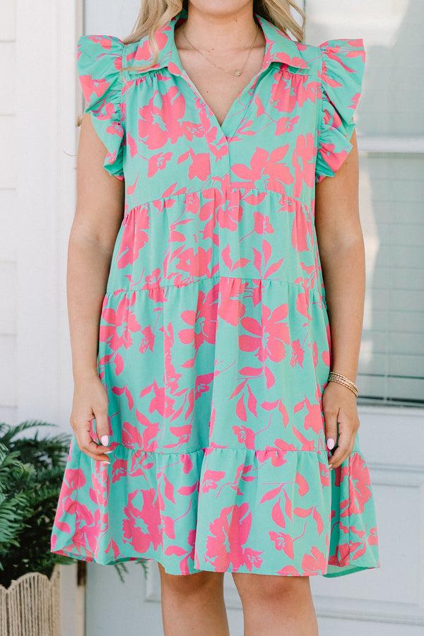 Chic Soul Plus size clothing, short tiered dress with pink an teal floral details and flutter sleeves 