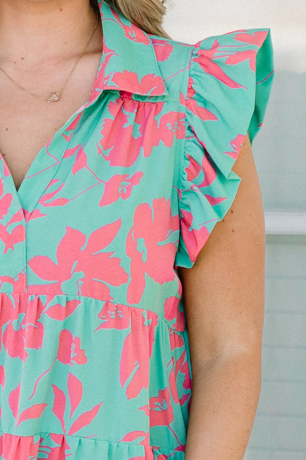Chic Soul Plus size clothing, short tiered dress with pink an teal floral details and flutter sleeves 