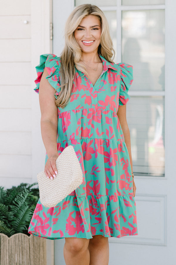 Chic Soul Plus size clothing, short tiered dress with pink an teal floral details and flutter sleeves 