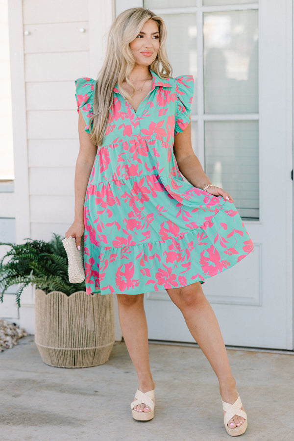 Chic Soul Plus size clothing, short tiered dress with pink an teal floral details and flutter sleeves 