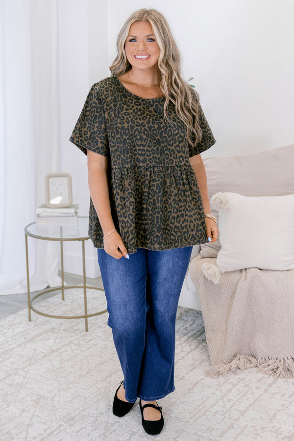 Chic Soul plus size clothing, brown leopard print short sleeve baby doll top