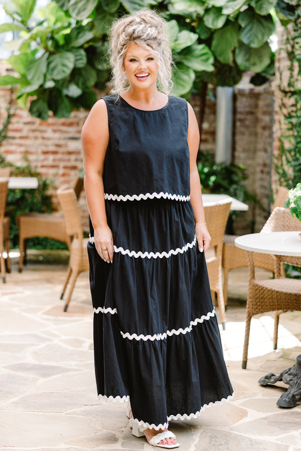 Chic Soul plus size clothing, black-ivory maxi skirt with three tiers with ivory wavy trim with stretchy elastic waistband