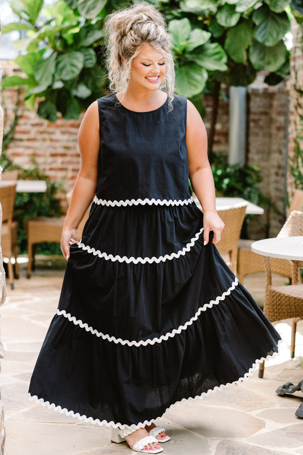 Chic Soul plus size clothing, black-ivory maxi skirt with three tiers with ivory wavy trim with stretchy elastic waistband