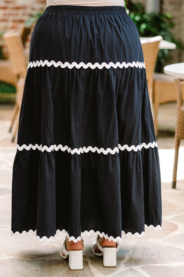 Chic Soul plus size clothing, black-ivory maxi skirt with three tiers with ivory wavy trim with stretchy elastic waistband