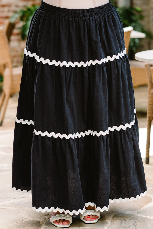 Chic Soul plus size clothing, black-ivory maxi skirt with three tiers with ivory wavy trim with stretchy elastic waistband
