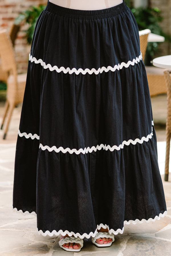 Chic Soul plus size clothing, black-ivory maxi skirt with three tiers with ivory wavy trim with stretchy elastic waistband