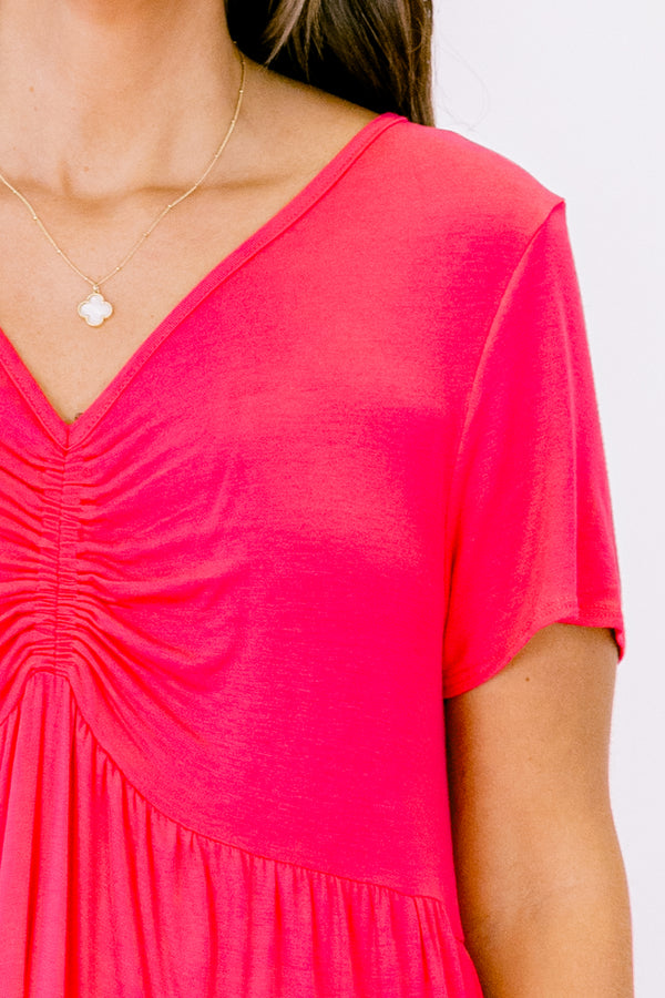 chic soul plus size clothing, basic solid fuchsia baby doll top with short sleeves and a v-neckline 