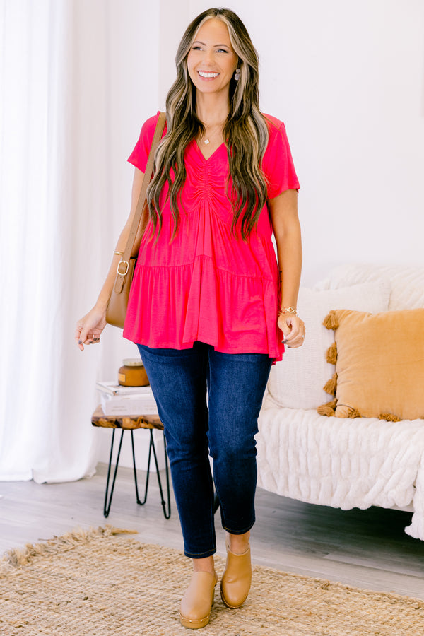 chic soul plus size clothing, basic solid fuchsia baby doll top with short sleeves and a v-neckline 