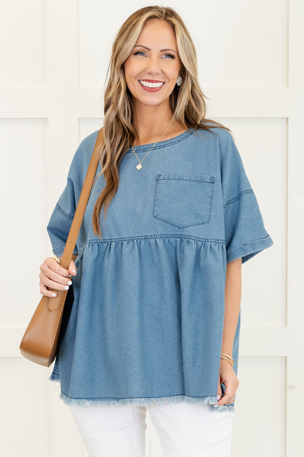 Chic Soul plus size clothing, light wash short sleeve baby doll top with round neckline with chest pocket and cuff detail on sleeves