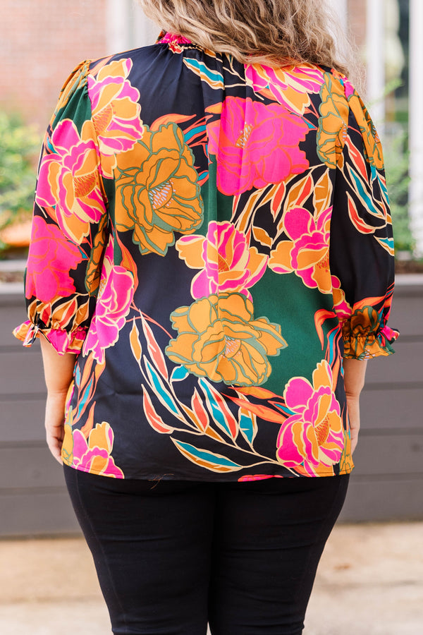 Chic Soul plus size clothing, multicolor floral pattern top with ruched neckline and bubble sleeves