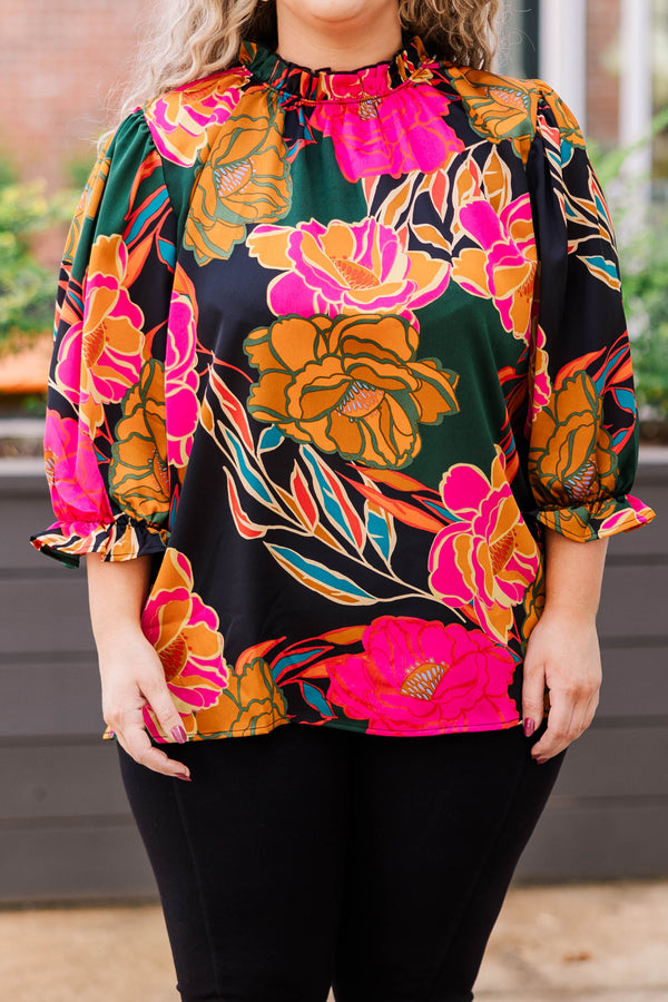Chic Soul plus size clothing, multicolor floral pattern top with ruched neckline and bubble sleeves