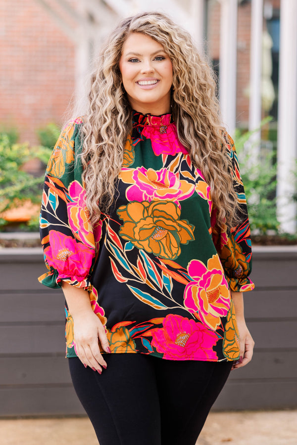 Chic Soul plus size clothing, multicolor floral pattern top with ruched neckline and bubble sleeves
