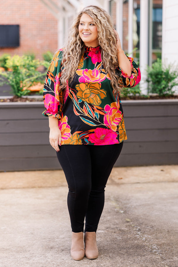Chic Soul plus size clothing, multicolor floral pattern top with ruched neckline and bubble sleeves