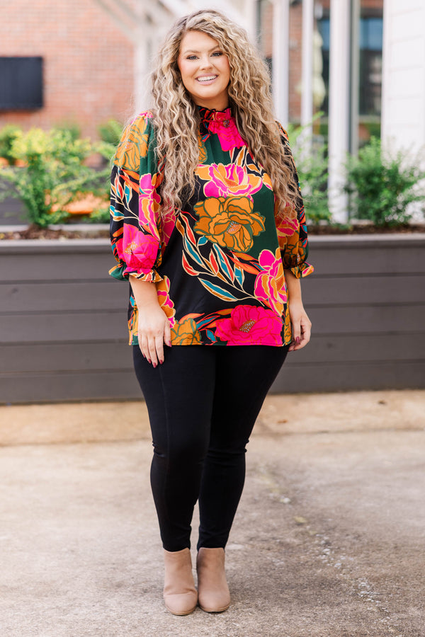 Chic Soul plus size clothing, multicolor floral pattern top with ruched neckline and bubble sleeves