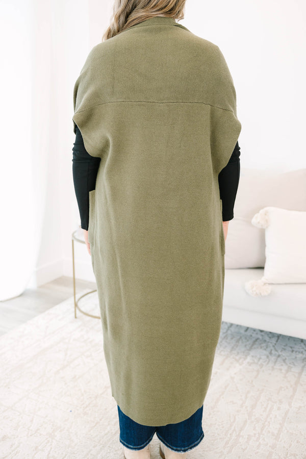 Chic Soul plus size clothing, olive sleeveless cardigan that it below the knee length 