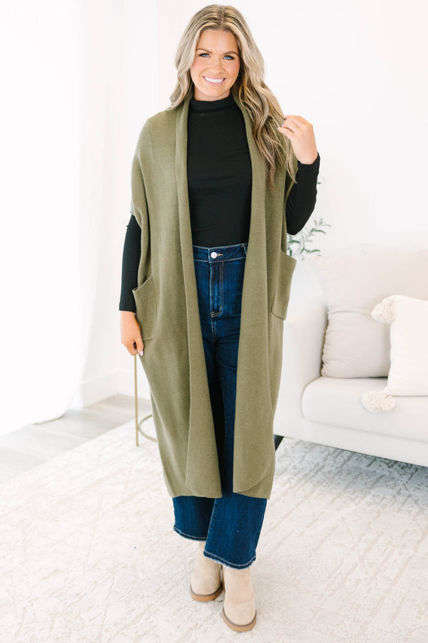 Chic Soul plus size clothing, olive sleeveless cardigan that it below the knee length 