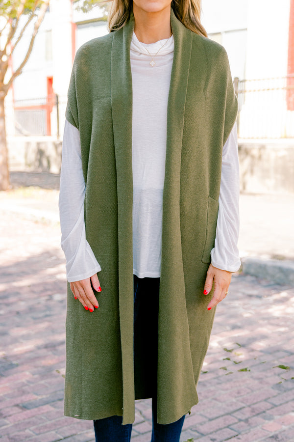 Chic Soul plus size clothing, olive sleeveless cardigan that it below the knee length 