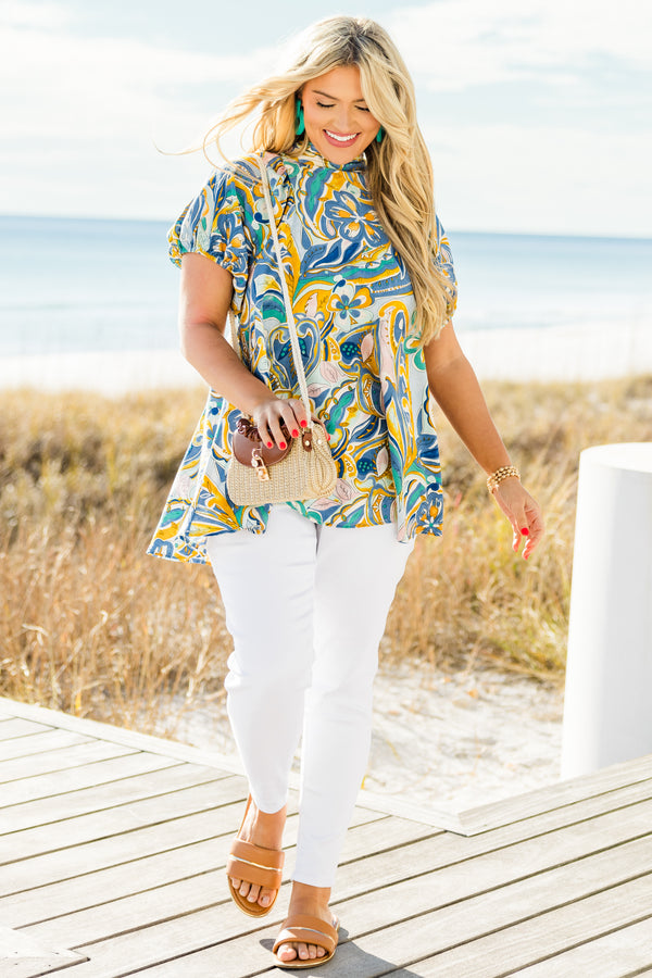 Chic Soul plus size clothing, short-sleeve blue mock neck top with a yellow and blue abstract paisley watercolor pattern