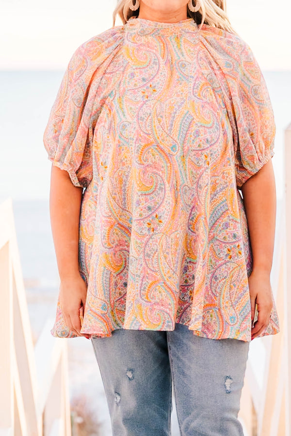 Chic Soul plus size clothing, orange combo paisley short sleeve top with high neck and puff sleeves