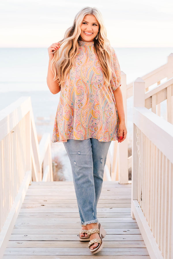 Chic Soul plus size clothing, orange combo paisley short sleeve top with high neck and puff sleeves