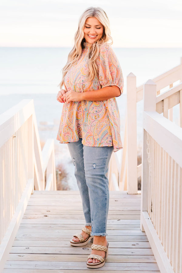 Chic Soul plus size clothing, orange combo paisley short sleeve top with high neck and puff sleeves