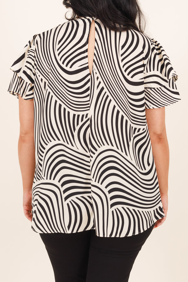 Chic Soul plus size clothing, black and cream geometric printed top with multi layered ruffle sleeves