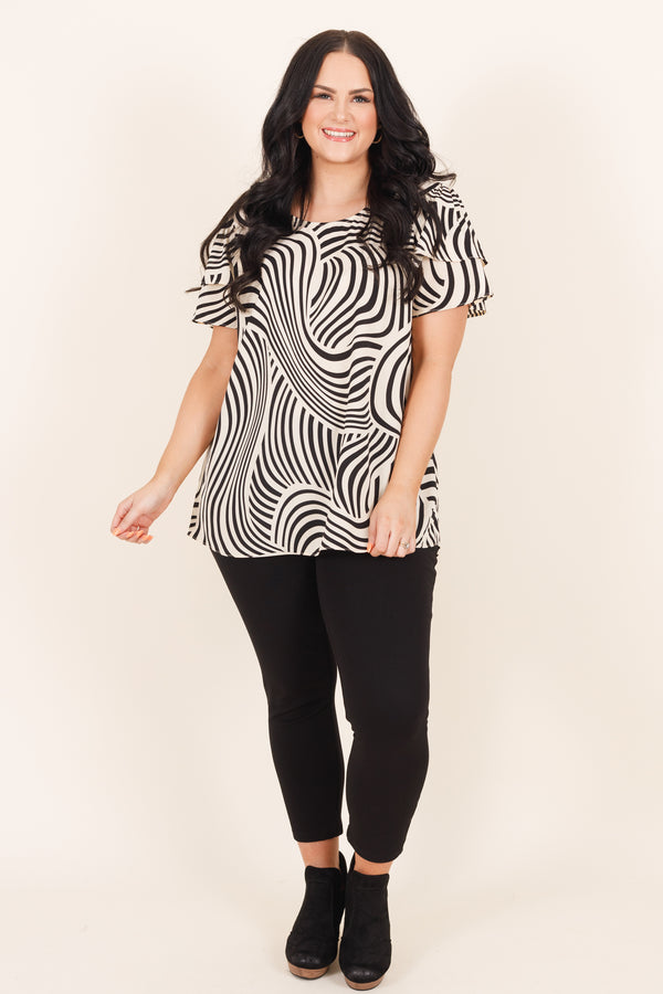 Chic Soul plus size clothing, black and cream geometric printed top with multi layered ruffle sleeves