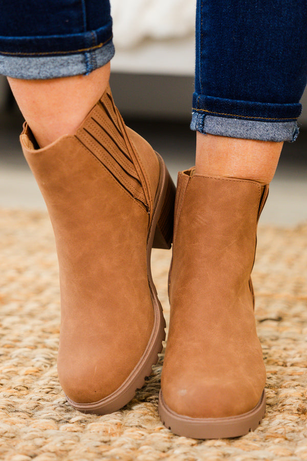 Chic Soul plus size clothing, cognac brown round toe booties with wood block heel and detailing on ankle