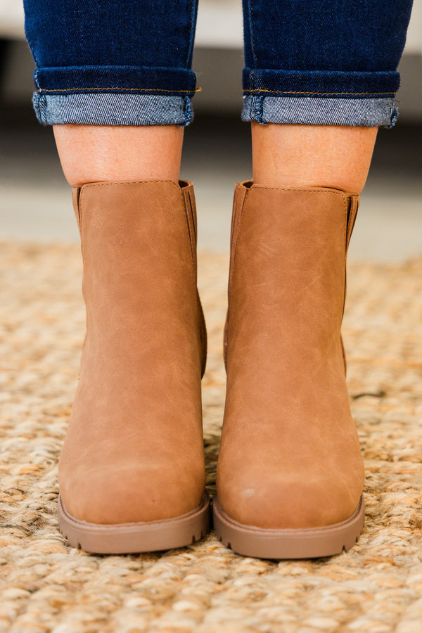 Chic Soul plus size clothing, cognac brown round toe booties with wood block heel and detailing on ankle
