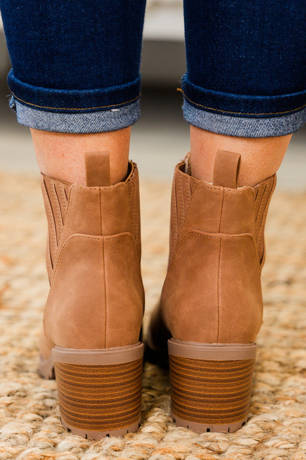 Chic Soul plus size clothing, cognac brown round toe booties with wood block heel and detailing on ankle