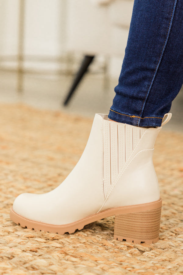 Chic Soul plus size clothing, bone ankle length booties with stripe detail on sides with round toe and wood block heel