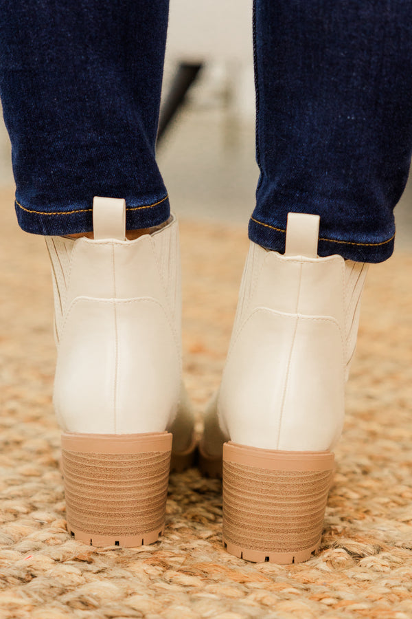 Chic Soul plus size clothing, bone ankle length booties with stripe detail on sides with round toe and wood block heel