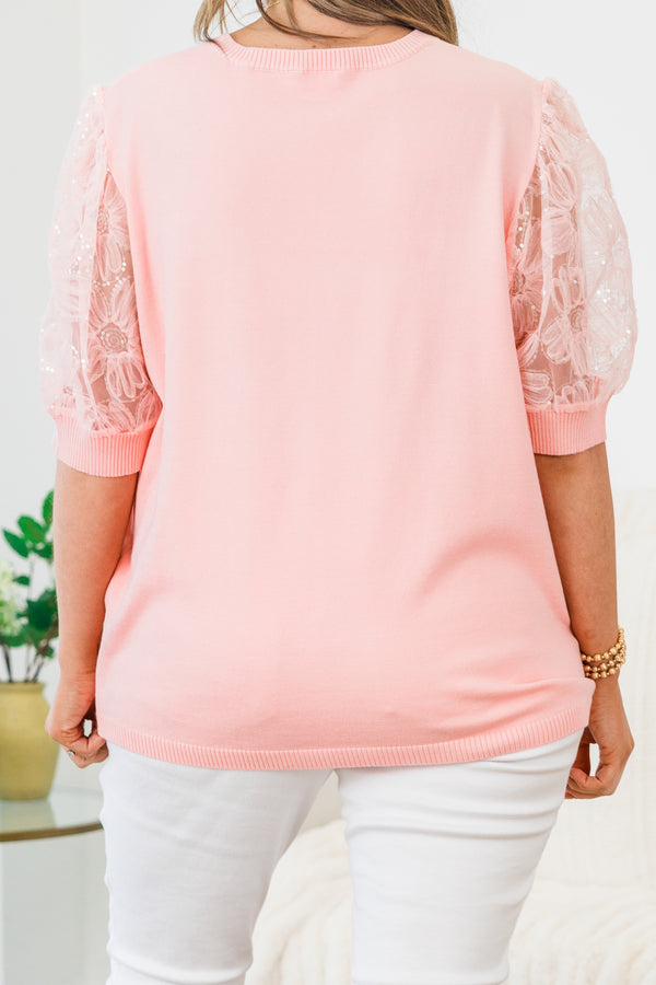 Chic Soul plus size clothing, short-puffed-sleeve pink top with a high-scoop-neckline and a pink floral tulle material as the sleeves