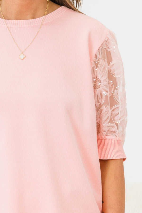 Chic Soul plus size clothing, short-puffed-sleeve pink top with a high-scoop-neckline and a pink floral tulle material as the sleeves