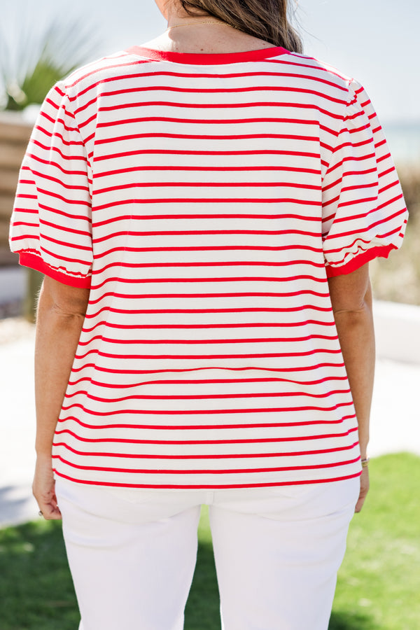 Chic Soul plus size clothing, short-puffed-sleeve red and white striped top with a high-scoop-neckline with red white and blue star sequined patches across the bodice