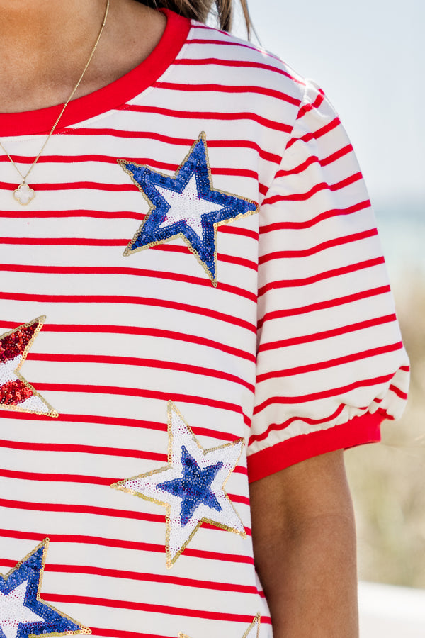 Chic Soul plus size clothing, short-puffed-sleeve red and white striped top with a high-scoop-neckline with red white and blue star sequined patches across the bodice