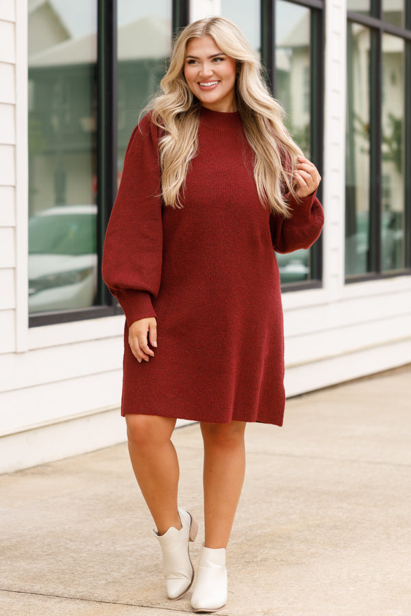 Chic Soul plus size clothing, burgundy textured sweater dress with bubble sleeves