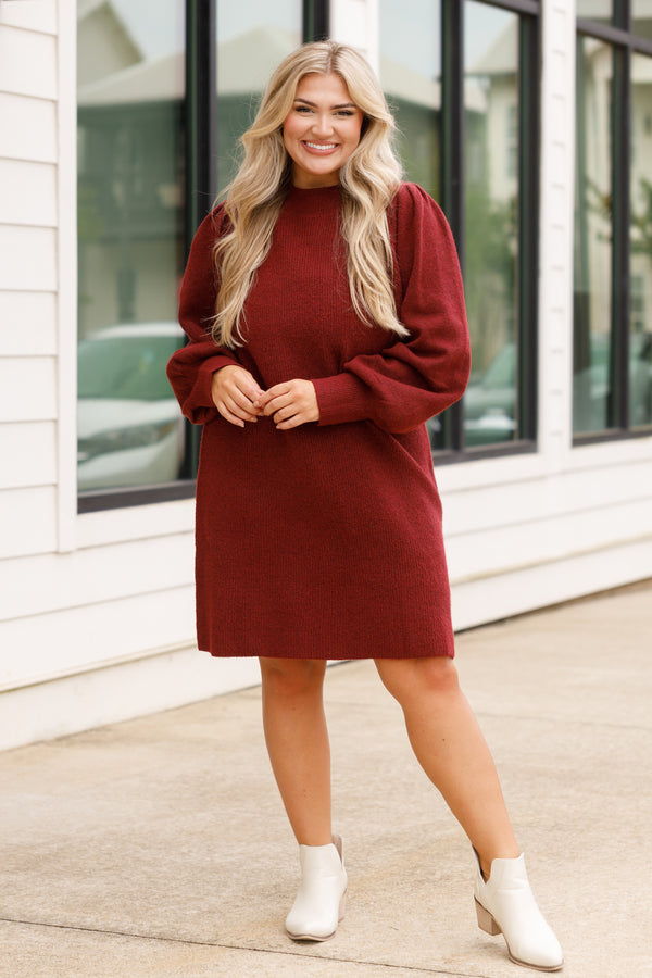 Chic Soul plus size clothing, burgundy textured sweater dress with bubble sleeves