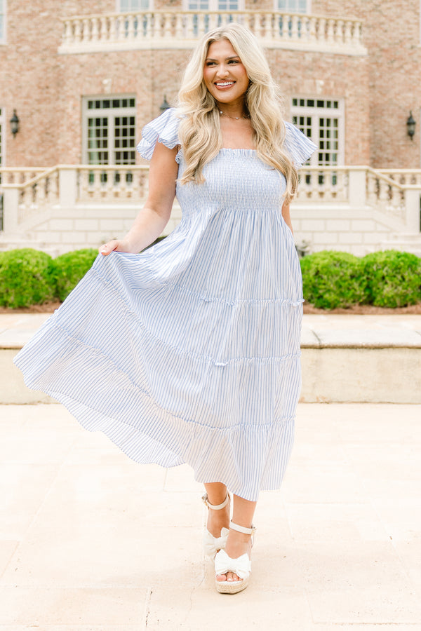 Chic Soul plus size clothing, white and sky blue vertically striped short-flutter sleeve tiered maxi dress with ruched bodice and square neckline