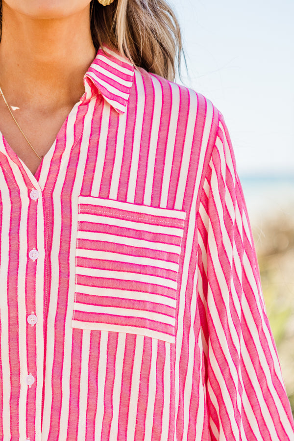 Chic Soul plus size clothing, pink and white stripe long sleeve button up top with chest pockets with collar detail and balloon cuff sleeves
