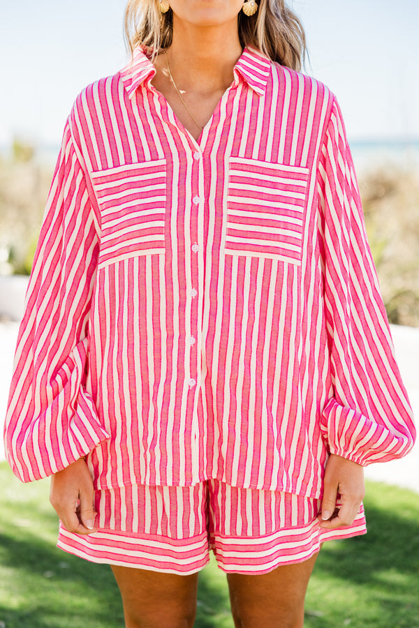 Chic Soul plus size clothing, pink and white stripe long sleeve button up top with chest pockets with collar detail and balloon cuff sleeves