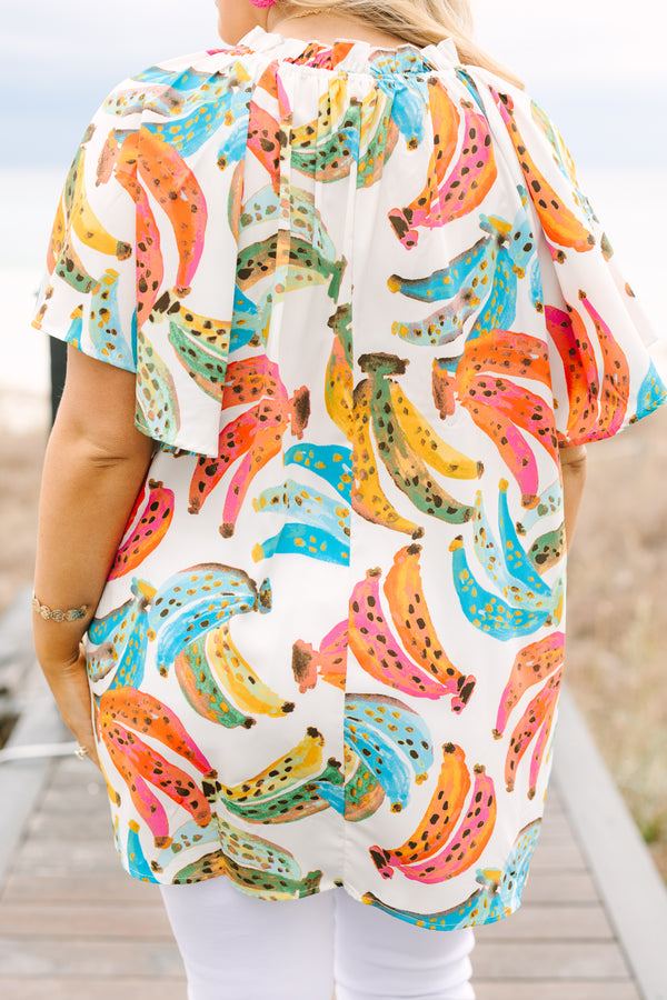 Chic Soul plus size clothing, ivory short sleeve multi color banana top with v neckline