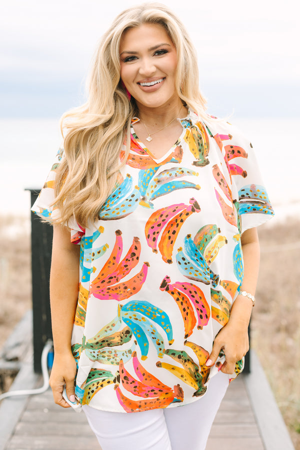 Chic Soul plus size clothing, ivory short sleeve multi color banana top with v neckline